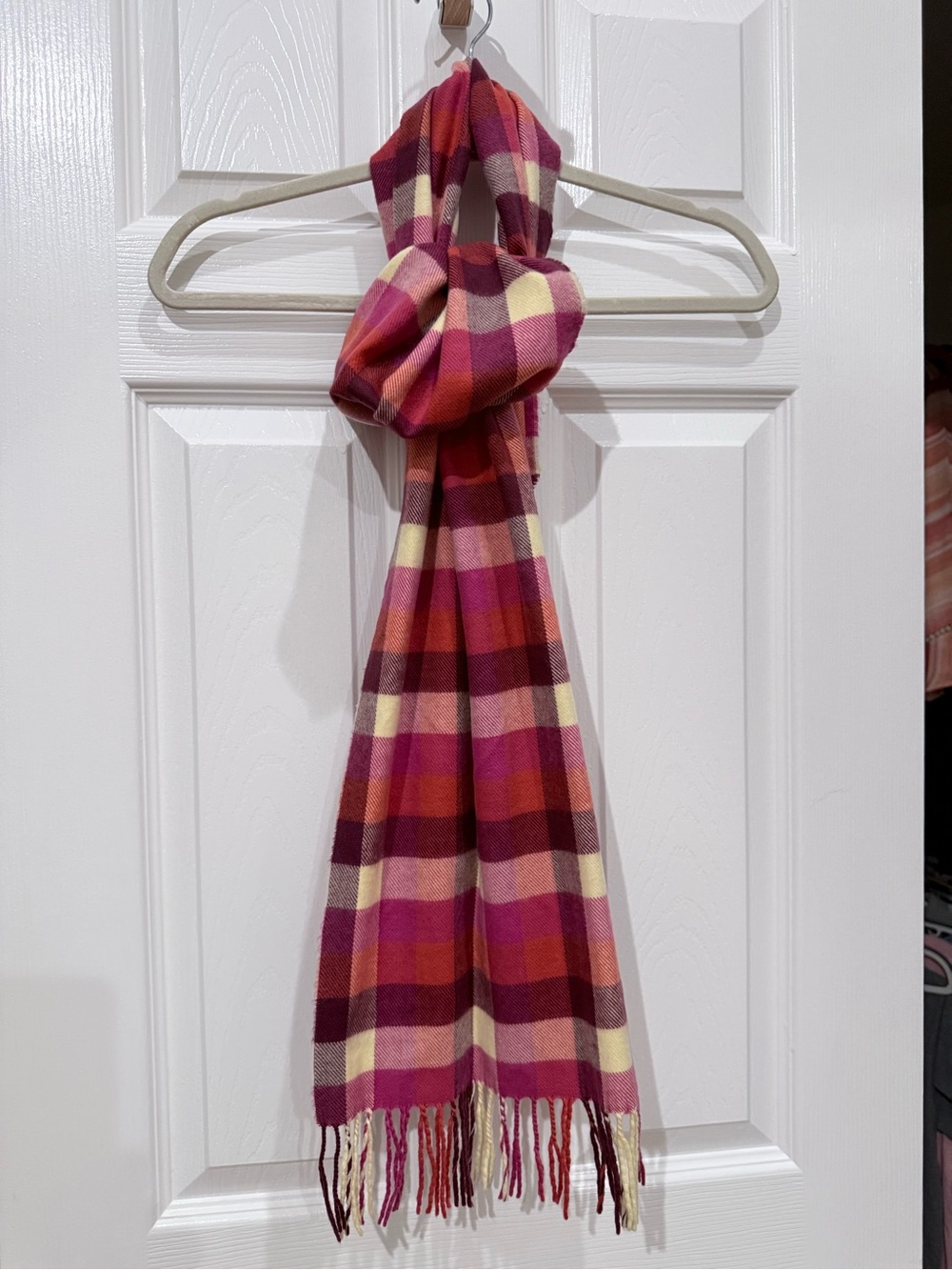 100% Cashmere Scarf Made In Scotland Pink Purple Plaid Fringe 12"x68"
